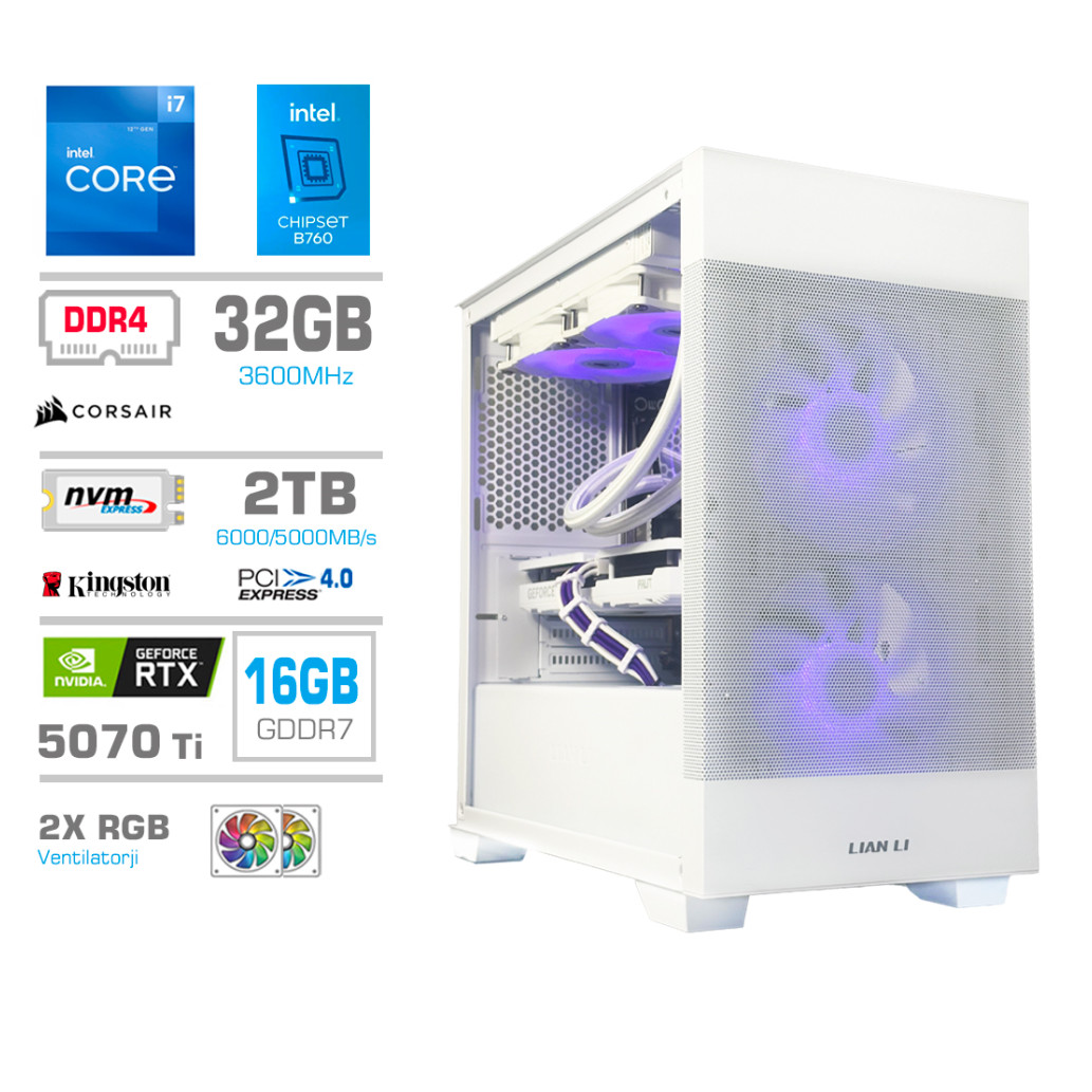 Računalnik MEGA MT S7X i7-12700K/RTX5070Ti/32GB/2TB-4.0/750W/Brez OS/bela RGB + Estetski napajalni kabli [Vijolična / Bela]