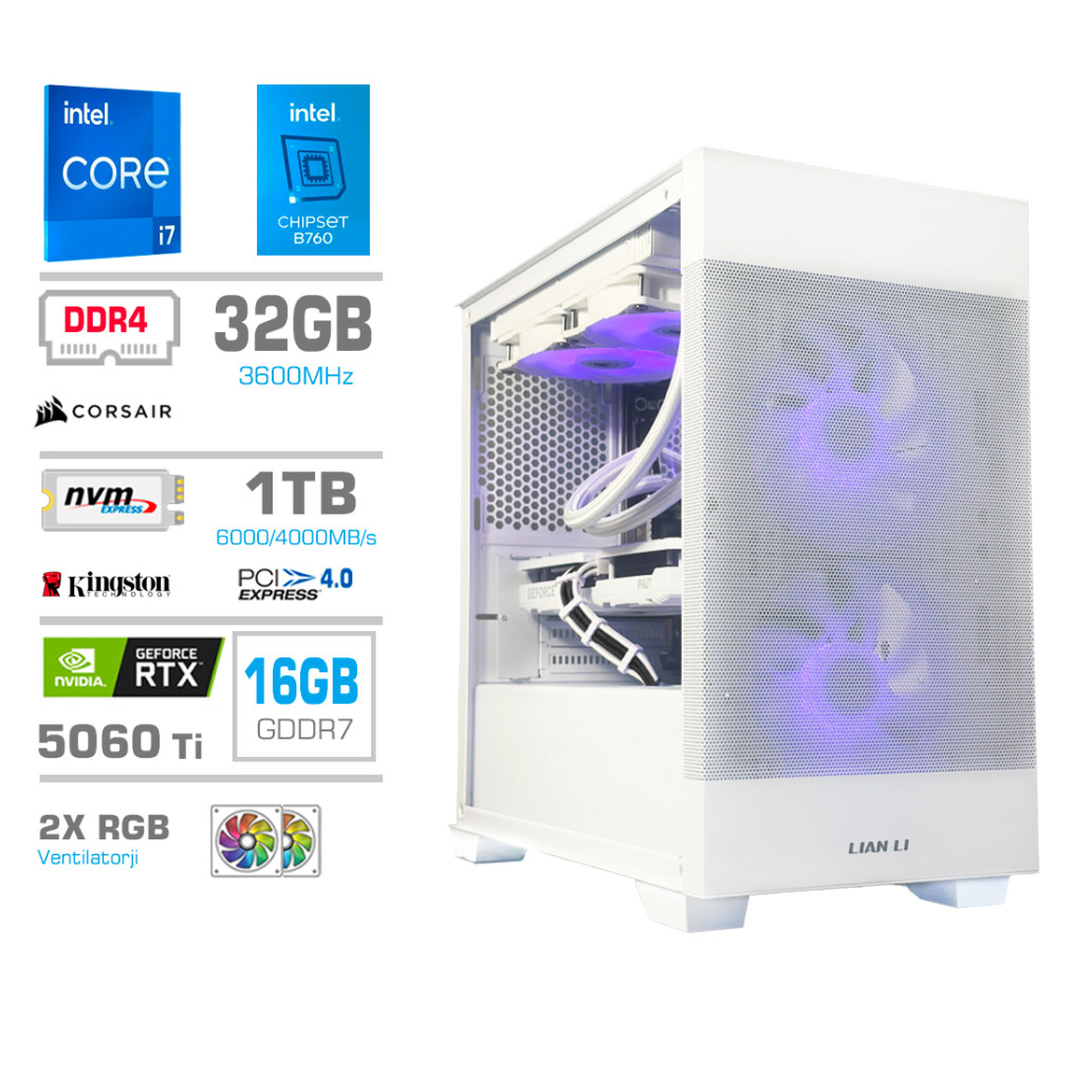 Računalnik MEGA MT S7X i7-14700F/RTX5060Ti-16GB/32GB/1TB/750W/Brez OS/bela RGB + Estetski napajalni kabli [Črna / Bela]