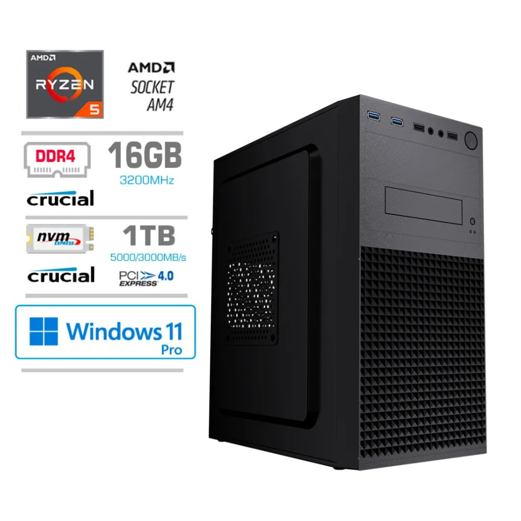 Računalnik MEGA MT S4 R5-5600G/ AMD grafika/ 16GB/ 1TB/ 450W/ Win11Pro črna