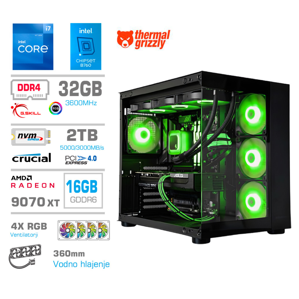 Računalnik MEGA MT S5 i7-12700KF/RX9070 XT/32GB/2TB/750W/Brez OS/črna RGB + Estetski napajalni kabli [Zelena / Črna]