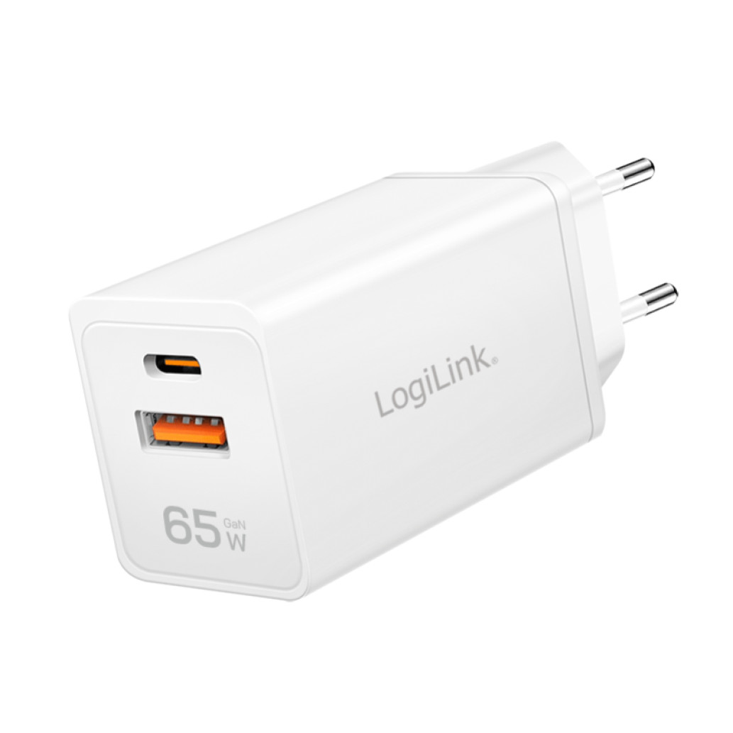 Hišni polnilec 100-240V => 1x USB-C (ž) 1x USB-A (ž) 65W GaN PD3 QC4 LogiLink (PA0371)