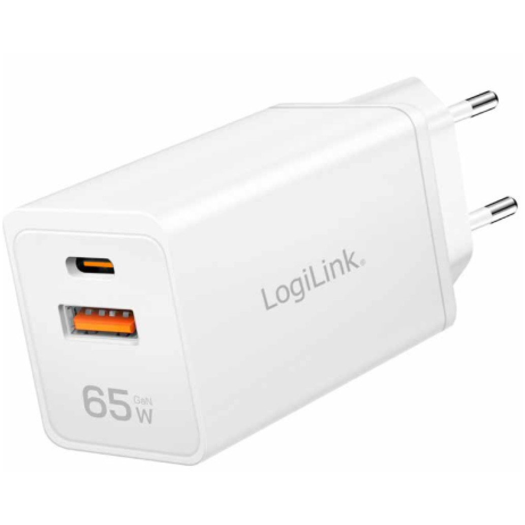 Hišni polnilec 100-240V => 1x USB-C (ž) 1x USB-A (ž) 65W GaN PD3 QC4 LogiLink (PA0371)
