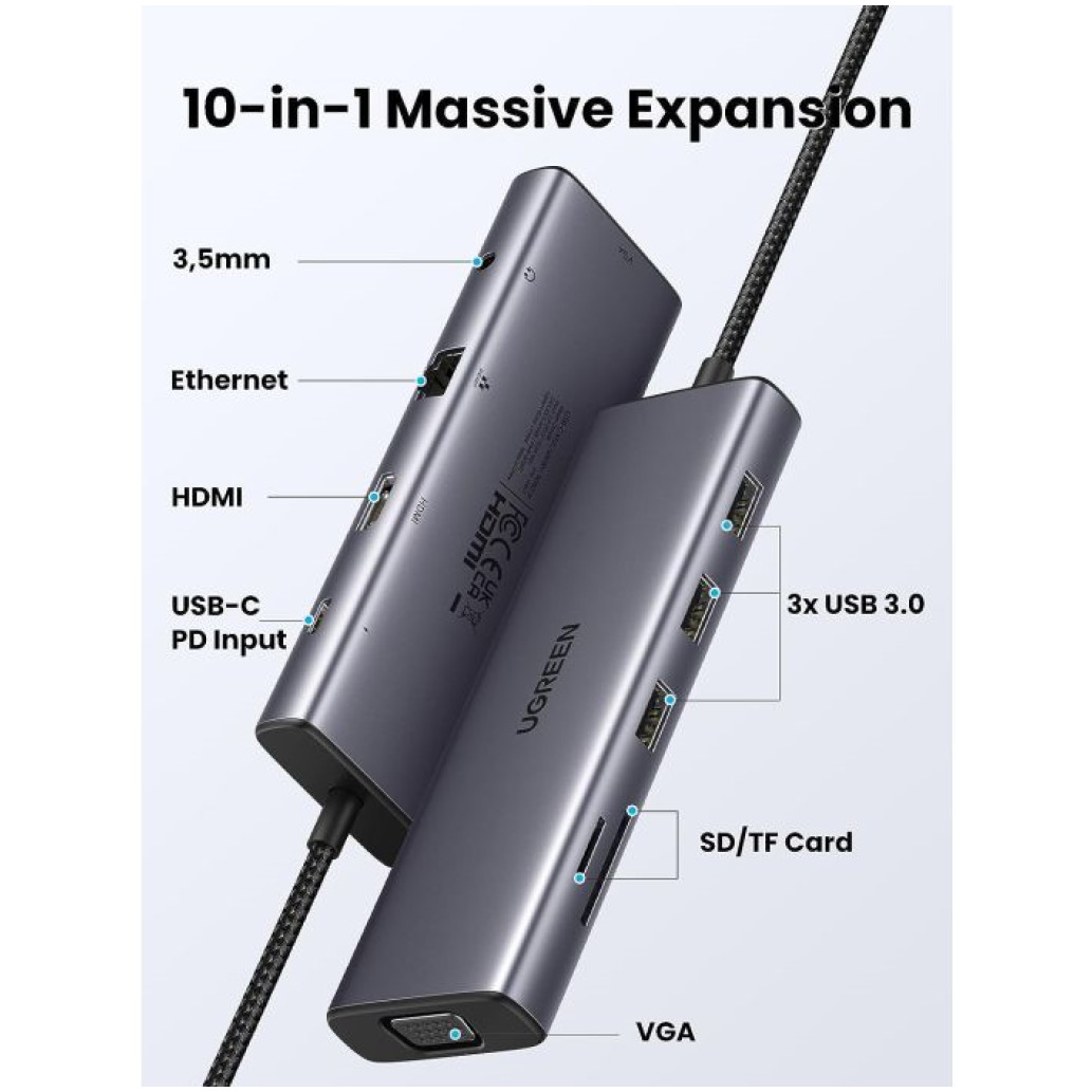 Priklopna postaja USB-C => Ugreen 3x USB 3.0 tip A 1x HDMI 4K@30Hz 1x VGA 1x RJ45 1x 3,5 1x USB-C PD 100W čitalec kartic (15601)