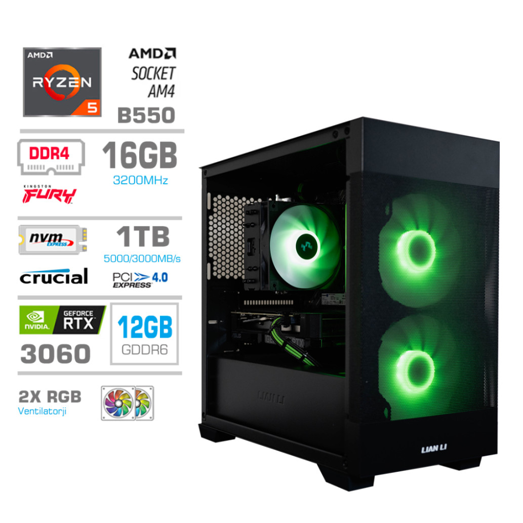 Računalnik MEGA MT S7X R5-5600X/RTX3060/16GB/1TB/1TB/-/750W/Brez OS/črna RGB + Estetski napajalni kabli [Zelena / Črna]