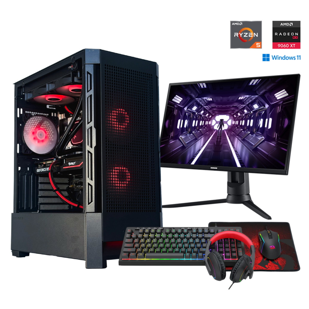Gaming komplet Računalnik MEGA S8 R5-9600X/RX9060XT/16GB-DDR5/1TB/750W/Win11Home/črna RGB + Estetski napajalni kabli ( Rdeča / črna )
