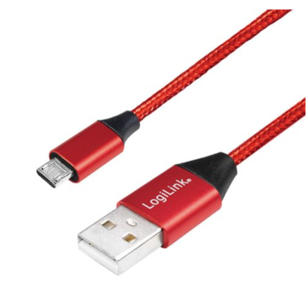 Kabel USB A => B micro tekstil ovoj 0,30m (za mobitele) LogiLink rdeč (CU0151) EOLS-P