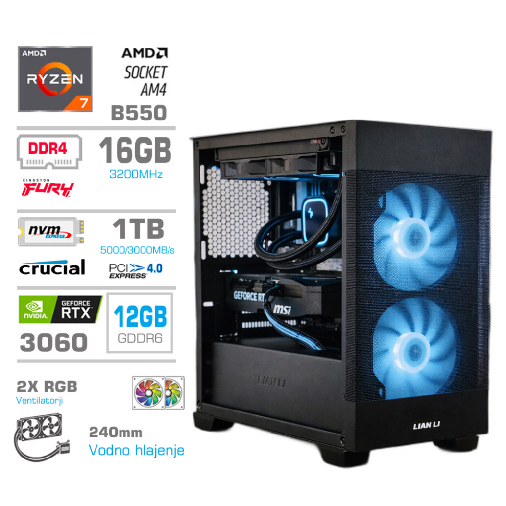 Računalnik MEGA MT S7X R7-5700X/RTX3060/16GB/1TB/750W/Brez OS/rumena črna RGB + Estetski napajalni kabli [Modra / Črna]