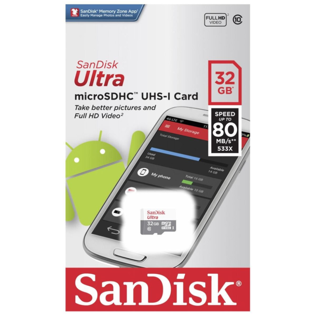 Spominska kartica SDHC 32GB Sandisk Ultra 100MB/ s/ U1 V10 UHS-I (SDSQUNR-032G-GN3MN)