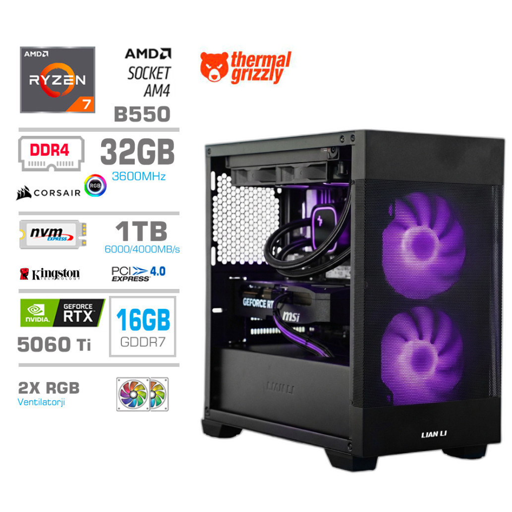 Računalnik MEGA MT S7X R7-5800X/RTX5060Ti-16GB/32GB/1TB-4.0/750W/Brez OS/črna RGB + Estetski napajalni kabli [Zelena / Črna]