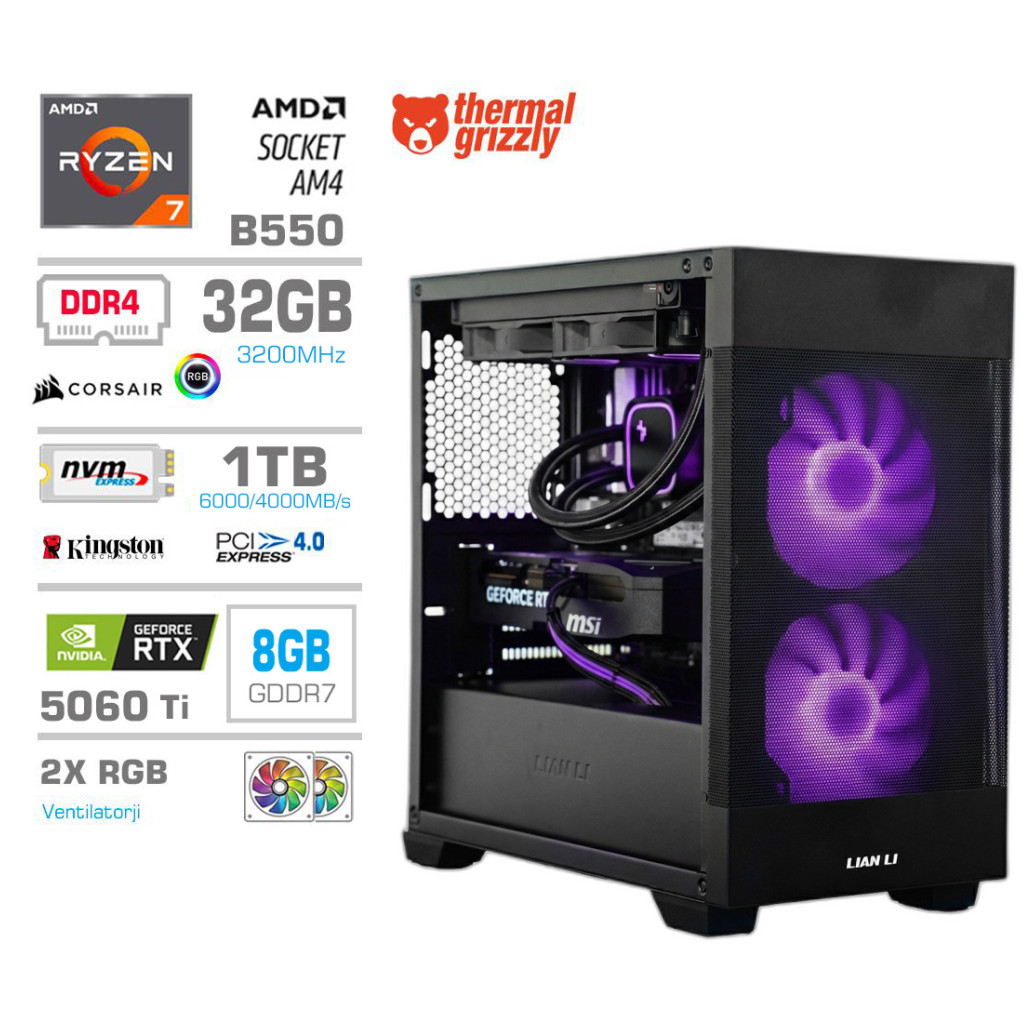 Računalnik MEGA MT S7X R7-5700X/RTX5060Ti/32GB/1TB/750W/Brez OS/črna RGB + Estetski napajalni kabli [Vijolična / Črna]