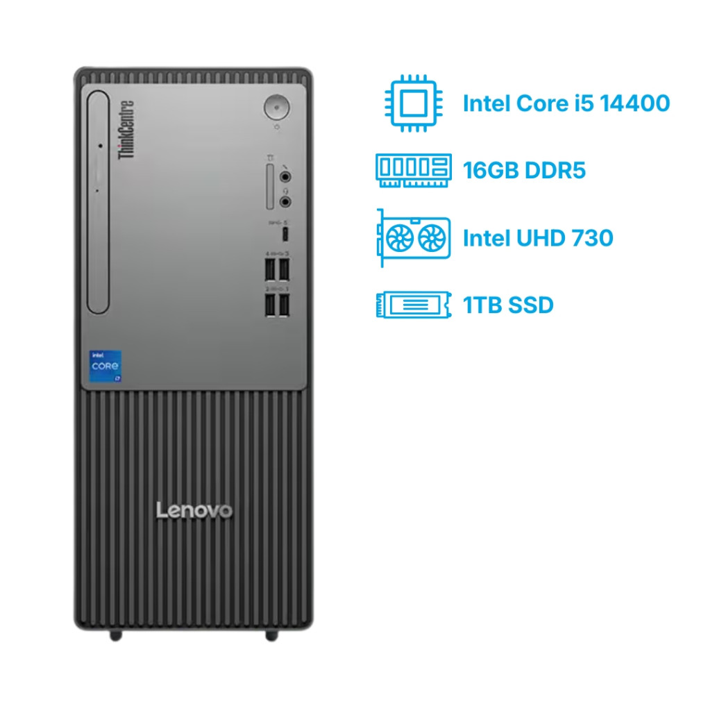 Računalnik Lenovo Tower TC Neo 50t i5-14400/ B760/ 16GB-DDR5/ 16GB/ 1TB/ -/ CR/ Intel 730 HDMI DP USB-C/ RJ45/ 180W-85%/ Win11Pro siva 12UD000YPB