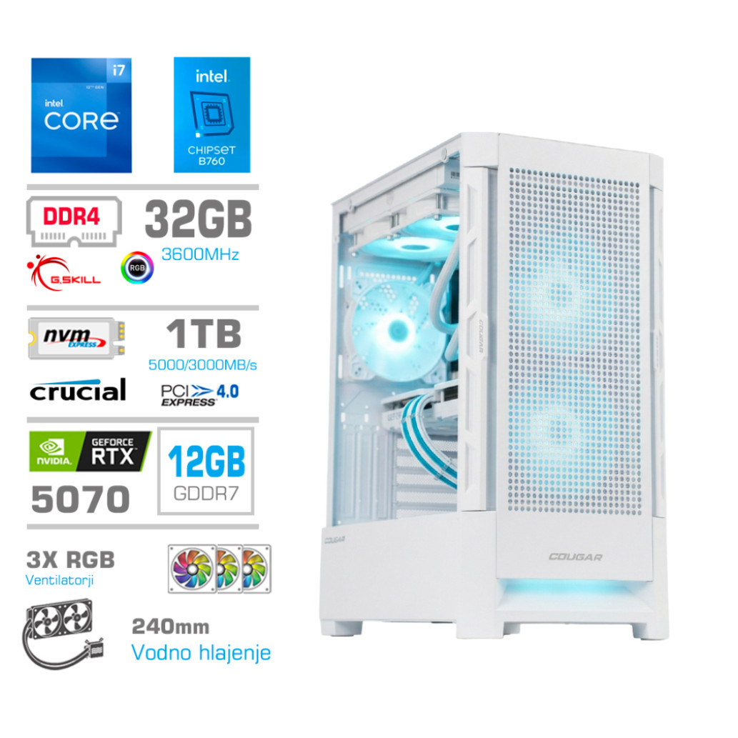 Računalnik MEGA MT S8 i7-12700KF/RTX5070/32GB/1TB/750W/Brez OS/bela RGB + Estetski napajalni kabli [Svetlo modra / Bela]