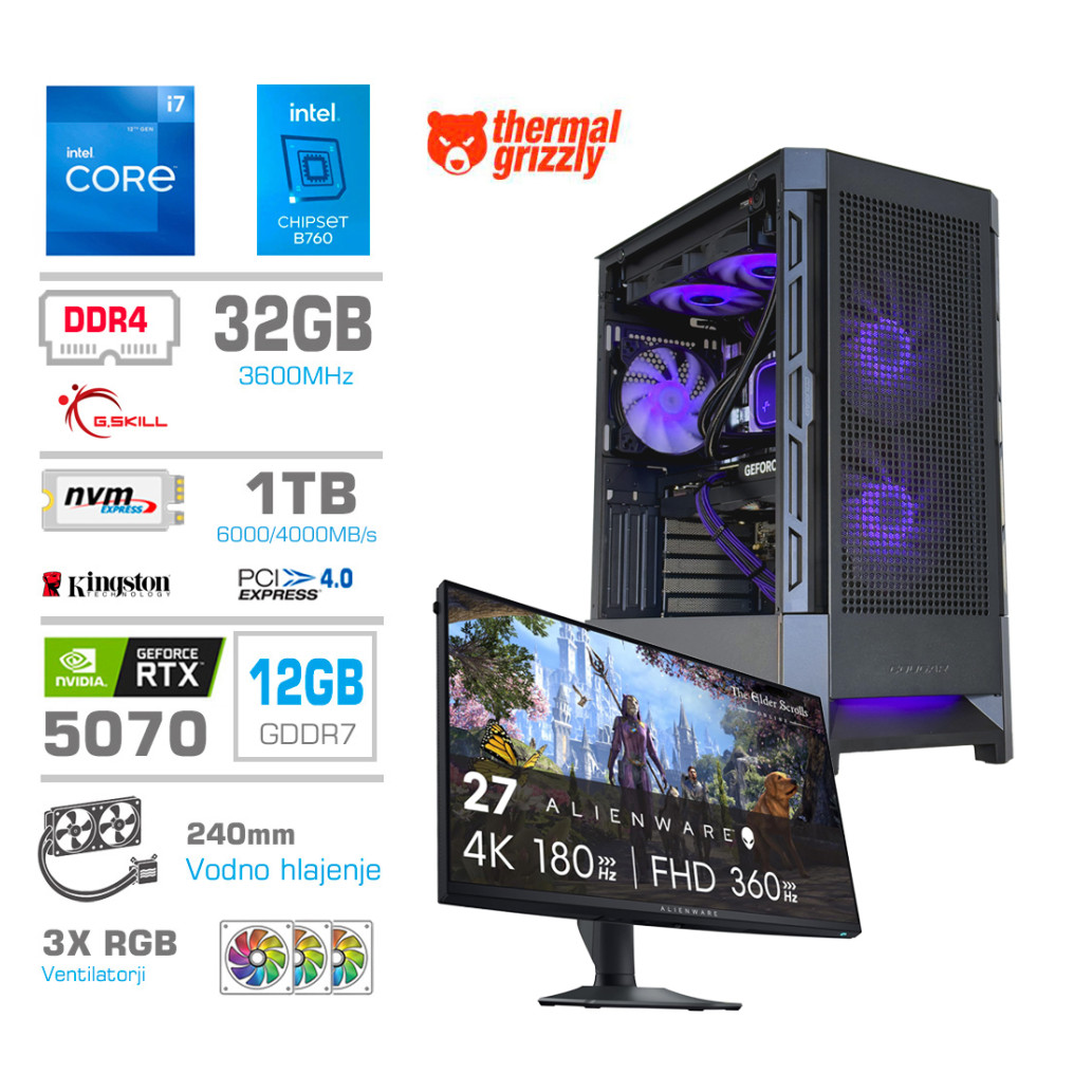 Računalnik MEGA MT S8 i7-12700K/RTX5070/32GB/1TB/750W/Brez OS/črna RGB | Gaming monitor Dell 27,0
