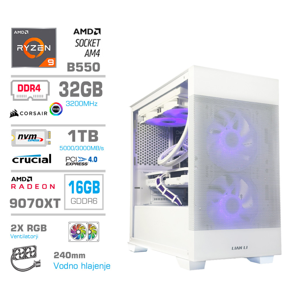 Računalnik MEGA MT S7X R9-5950X/RX9070 XT/32GB/1TB/750W/Brez OS/bela RGB + Estetski napajalni kabli [Vijola / Bela]