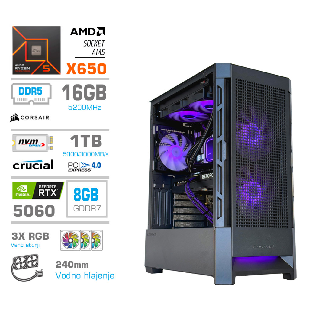 Računalnik MEGA MT S8 R5-9600X/ RTX5060/ 16GB-DDR5/ 1TB/ 750W/ Brez OS/ črna RGB + Estetski napajalni kabli [Vijolična /  Črna]