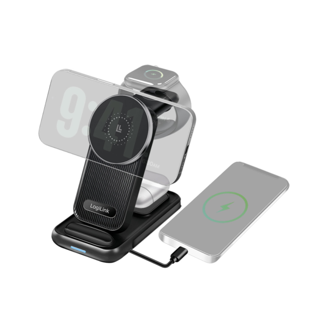 Brezžična polnilna postaja LogiLink 4v1 za pametni telefon, Apple in Samsung watch, AirPods, črna (PA0292)