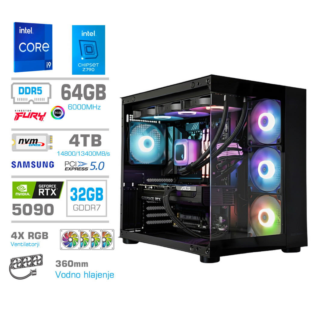 Računalnik MEGA MT S5 i9-14900K/RTX5090/64GB-DDR5/4TB/1050W/Brez OS/črna RGB