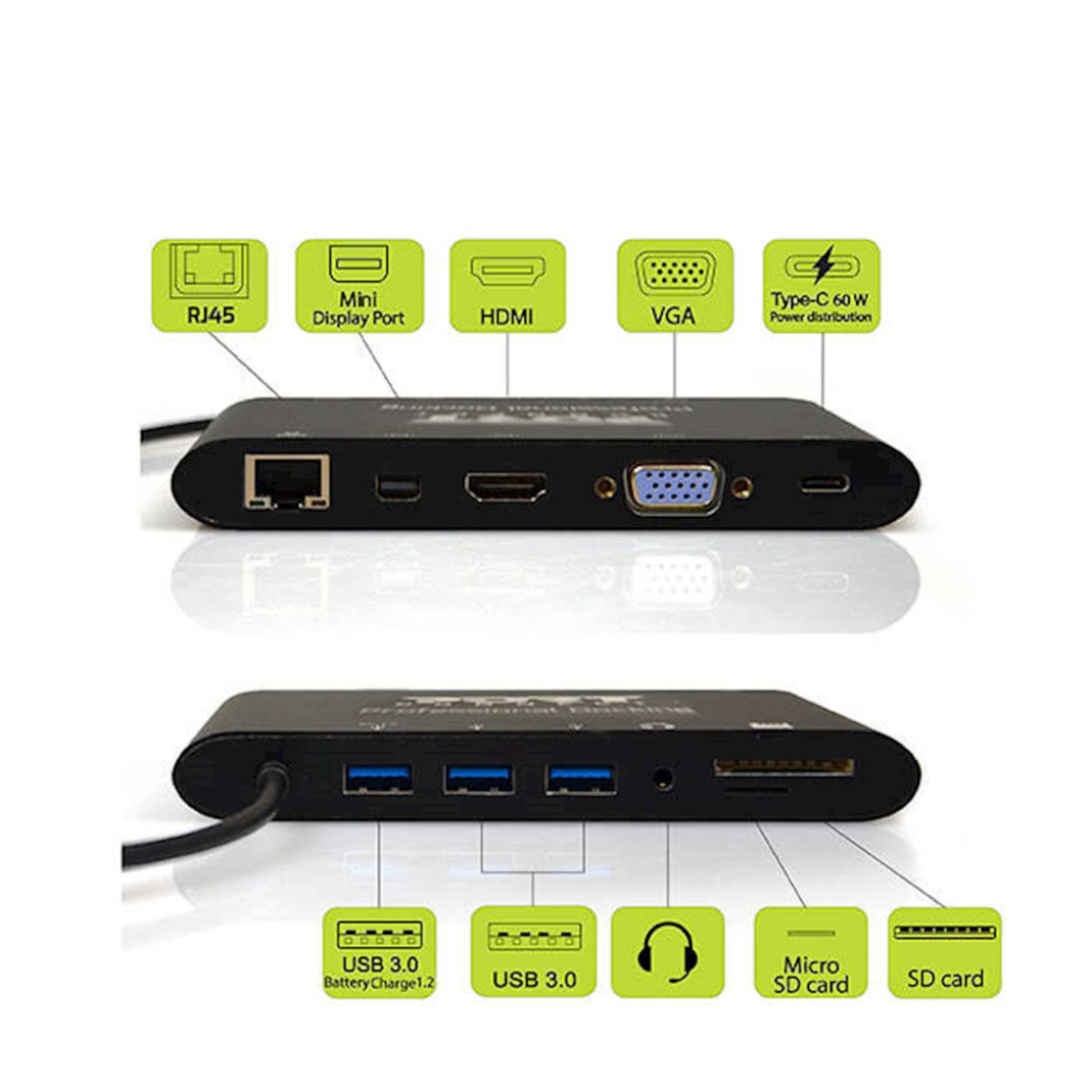 Priklopna postaja USB-C => VGA HDMI miniDisplayPort 3xUSB 3.0 1x USB-C SD/ microSD čitalec ETH LAN Port