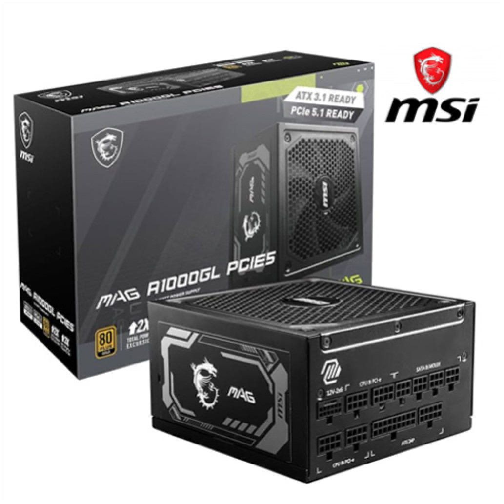 Napajalnik - 1000W MSI MAG A1000GL 80Plus Gold 90% ATX 3.1 (Gen5) Modular 135mm črna (306-7ZP9B11-CE0)