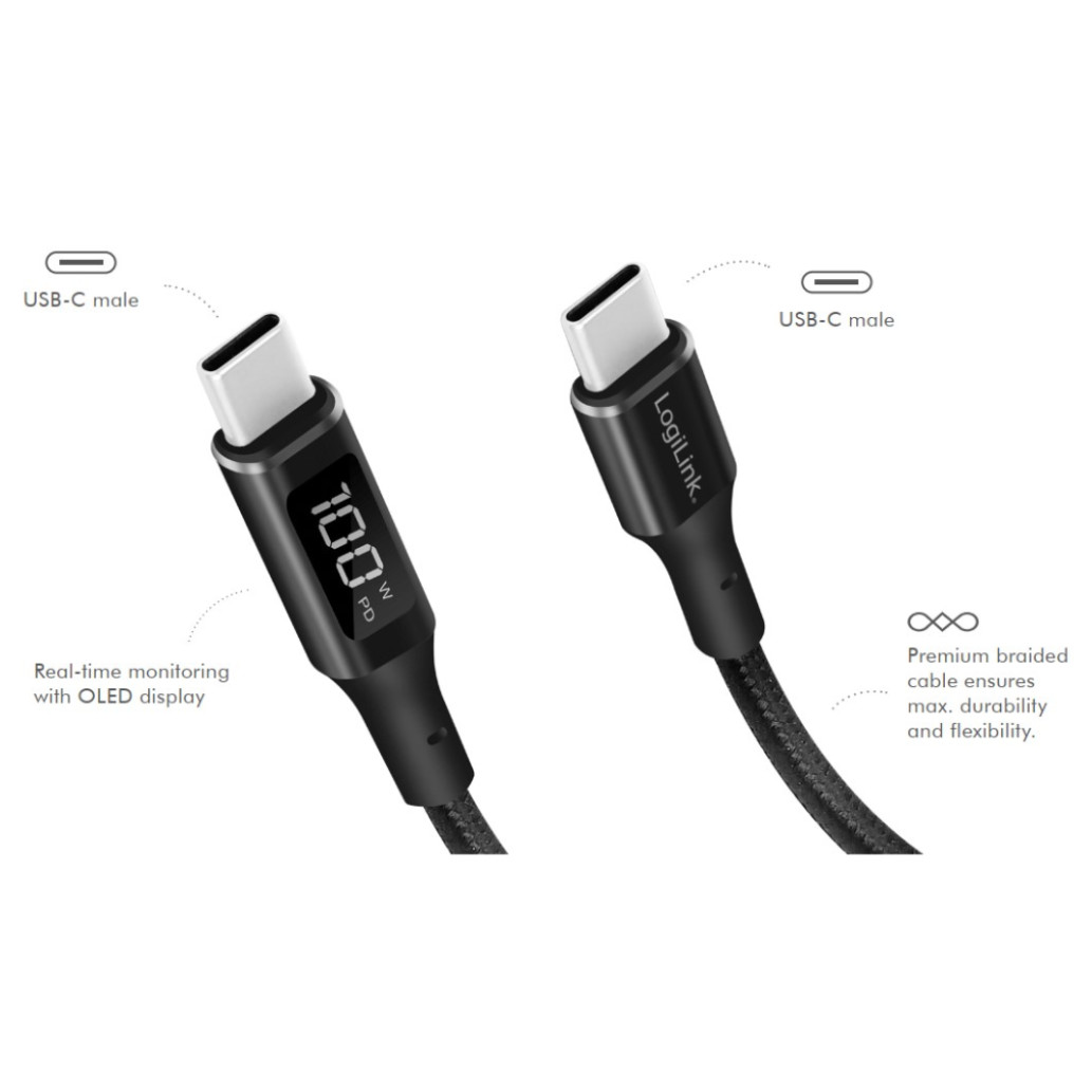 Kabel USB-C => USB-C 2.0 E-mark 1,00m 20V/ 5A do 100W PD 3.0 z OLED prikazom porabe  LogiLink (CU0181) EOLS-P