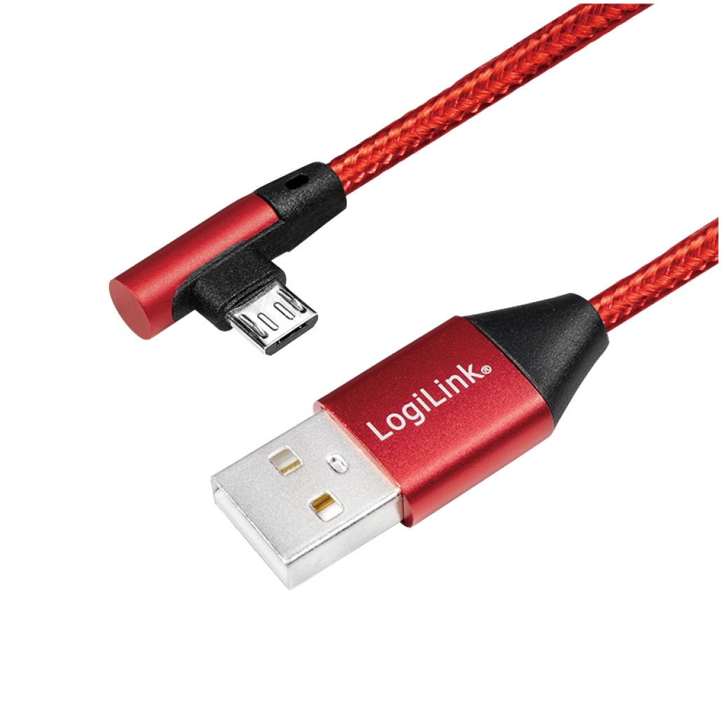 Kabel USB A => B micro tekstil ovoj 0,30m 90° (za mobitele) LogiLink rdeč (CU0149) EOLS-P