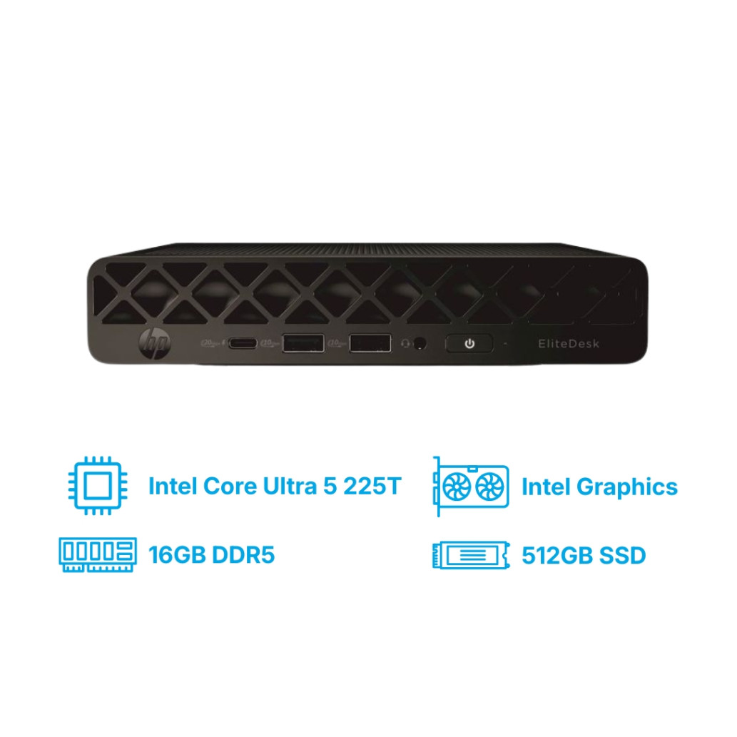 Računalnik HP Mini ProDesk 4 G1i AI PC Ultra 5-225T/ Q870/ 16GB-DDR5/ 512GB/ -/ Intel grafika HDMI 2xDP USB-C/ BT WiFi RJ45/ 90W-89%/ DOS črna NP D3JV5ES#ABD