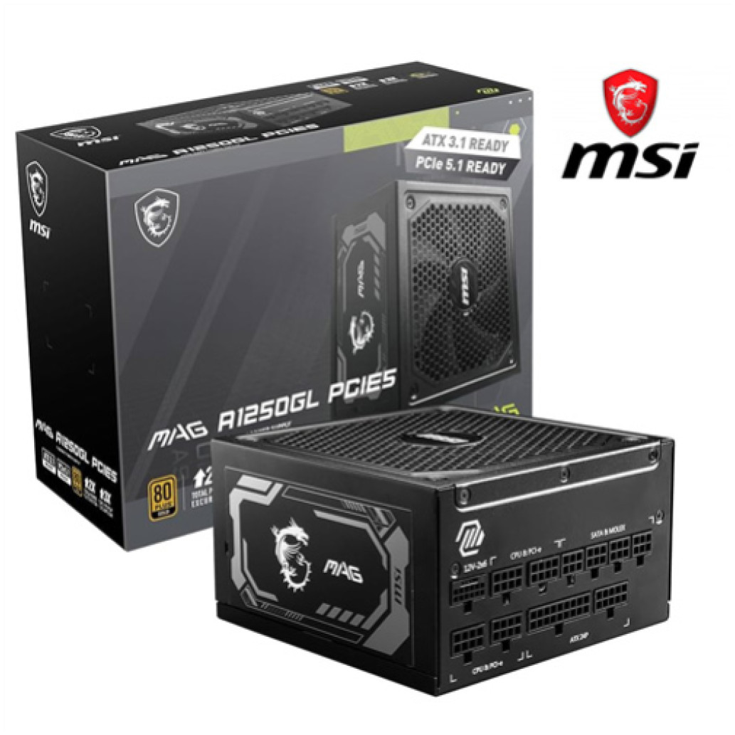 Napajalnik - 1250W MSI MAG A1250GL 80Plus Gold 90% ATX 3.1 (Gen5) Modular 120mm črna (306-7ZP9A11-CE0)