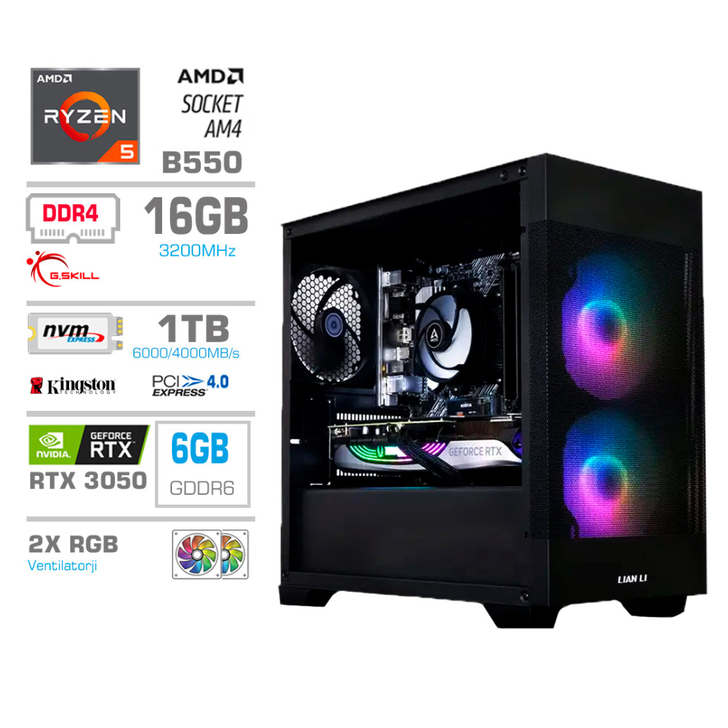 Računalnik MEGA MT S7X R5-5500/RTX3050/16GB/1TB-4.0/750W/Brez OS/črna RGB