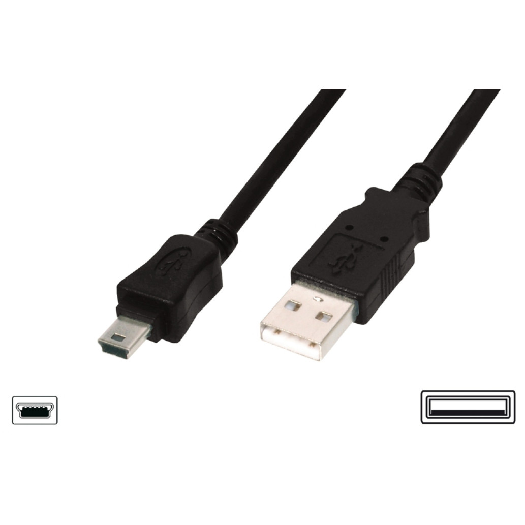 Kabel USB A => B Mini 5pin 1,0m dvojno oklopljen črn Digitus (AK-300108-010-S) 