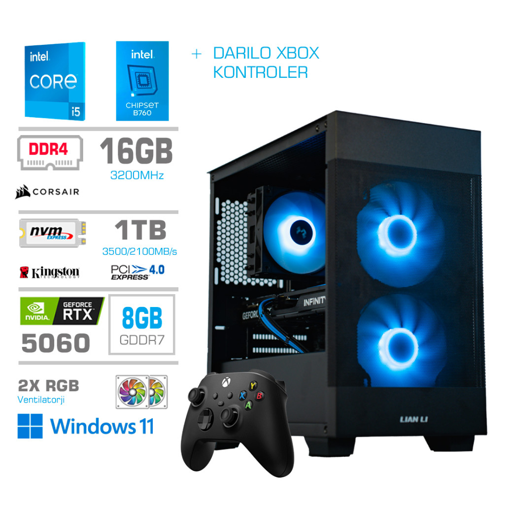 Računalnik MEGA MT S7X i5-14400/RTX5060/16GB/1TB-4.0/750W/Win11Home/črna RGB + Estetski napajalni kabli [Modra / Črna] * DARILO *