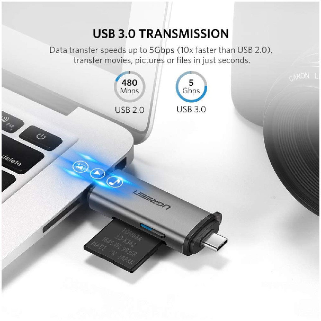 Zunanji čitalec kartic Ugreen USB 3.0/ USB-C za microSD SD RS-MMC MMC siv (50706)