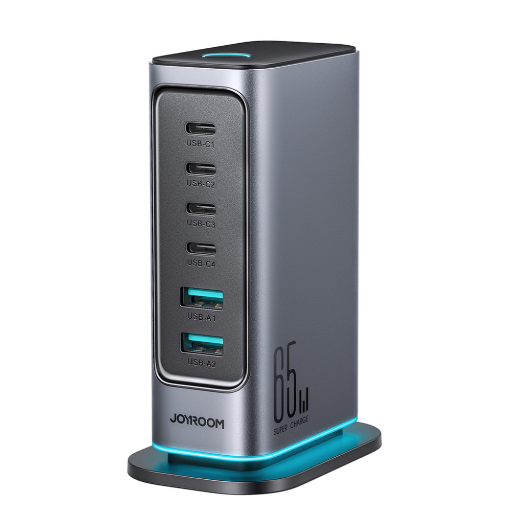 Hišni polnilec 100-240V => 2x USB-A (ž) 4x USB-C 65W GaN Joyroom JR-TCM02 Dark Gray