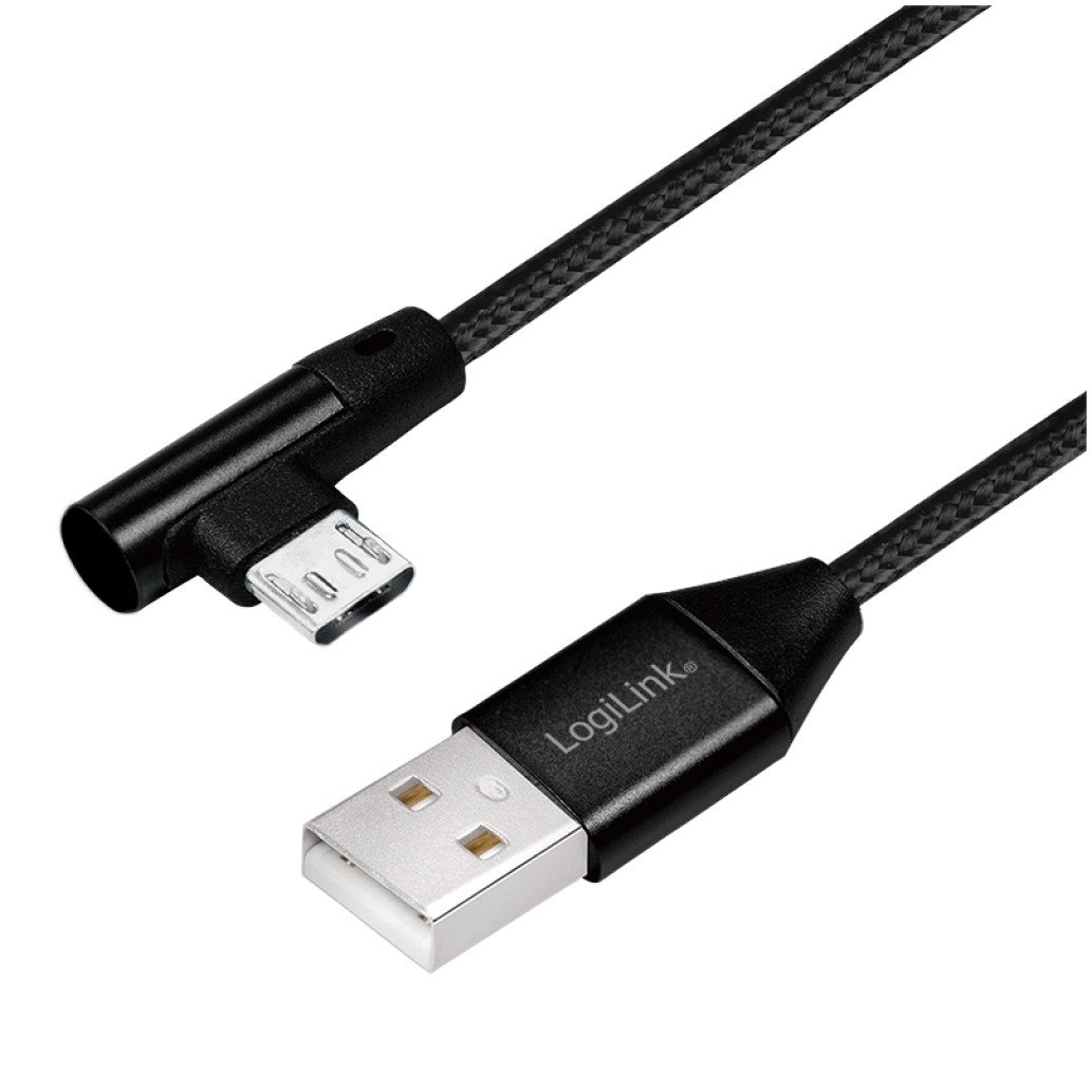 Kabel USB A => B micro tekstil ovoj 0,30m 90° (za mobitele) LogiLink črn (CU0141) EOLS-P